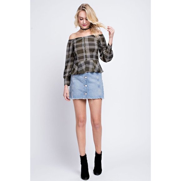 Boutique Tops - Women's Casual Plaid Button Front Off The Shoulder Peplum Top Super Cute Comfy